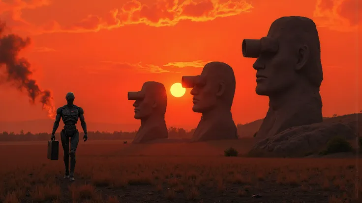 A post-apocalyptic landscape, red sky, the orange sun is low on horizon, three gigantic head-shaped rock statues, wearing binoculars. In the foreground one damaged android, with smoke coming out from its torso, holding a briefcase. panorama, ray tracing, U...