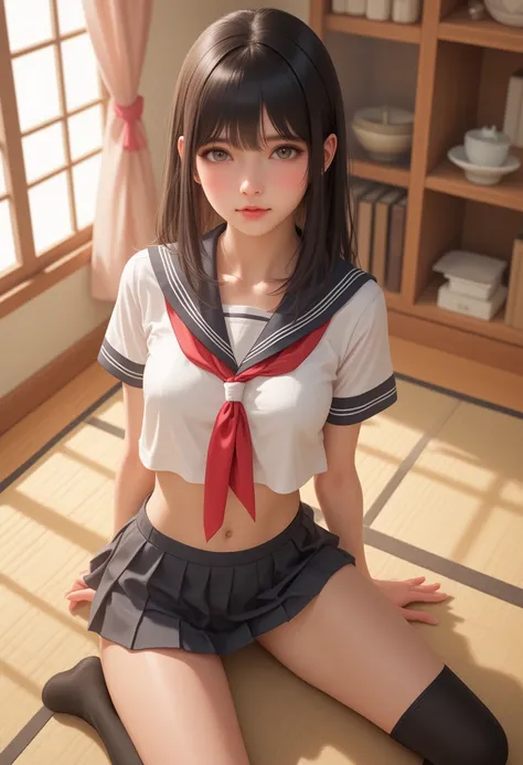 ((  TOP QUALITY )), ((  Masterpiece)), (  Details), One girl is the best ,  sexy、  sailor suit  、  Big chest with eyes of a cross  、 new year 、  black hair、 (( miniskirt))、  beautiful girl、  Red Ribbon 、  I Can See My Cleavage 、ネイビーの  sailor suit  、  black...