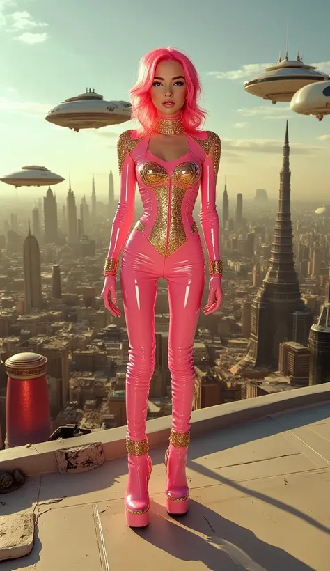 A cinematic full body retro50s_style A high-angle shot of a strikingly beautiful skinny slim woman with a fierce and independent spirit. Bright neon pink hair in retro 50s style, She's wearing a tight, skintight Pink Golden latex jumpsuit with futuristic a...