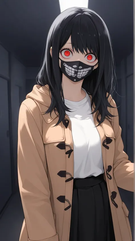 Tokyo ghoul
High quality ,  best quality , masterpiece,  High Resolution , anatomically correct,anime Coloring
solo, 1 girl,adult
, long hair, black hair, red eyes
, duffel coat ,black long skirt, mouth black mask
looking at viewer ,close up, upper body
Ja...