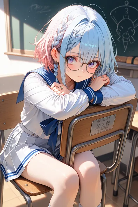  Masterpiece,   highest quality,  best image quality,  1 girl, School,  sit on a chair,  Force, Barely, Look at the blackboard, (( light pink hair)), (( light blue hair)), (( partly light blue braids)),  short hair, ((Light blue braid with a length that ha...