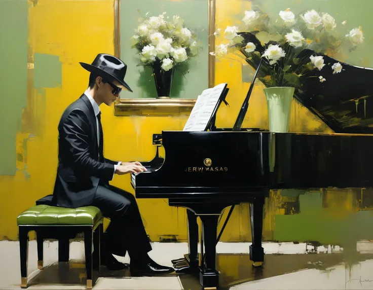 painting of A PIANIST PLAYING, IN SUNGLASSES, ELEGANT HAT, WITH BLACK SUIT, ENVIRONMENT, OCHRE and gold, and black background, light green and beige tones, BRONZE VASE. GREEN VASE ((ENVIRONMENT WITH PIANO)) many flowers,,,,, erect posture, partially dresse...