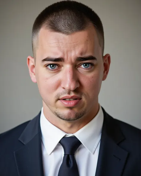 A young and strong man of moderately confident appearance, wearing an elegant and formal suit ,  with short hair shaved on the sides .  The image is photorealistic ,  capturing only the face and shoulders ,  focusing on his face for use as a social network...