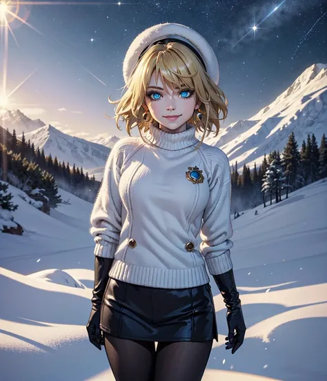 ((masterpiece)), ((best quality)), (ultra-detailed), ((extremely detailed)), 4K, (8K), best quality, (beautiful), mountain, Starry sky, winter, a pretty woman, solo, sweater, beautiful blond hair, beautiful blue eyes, ((beautiful eyes)), short hair, large ...