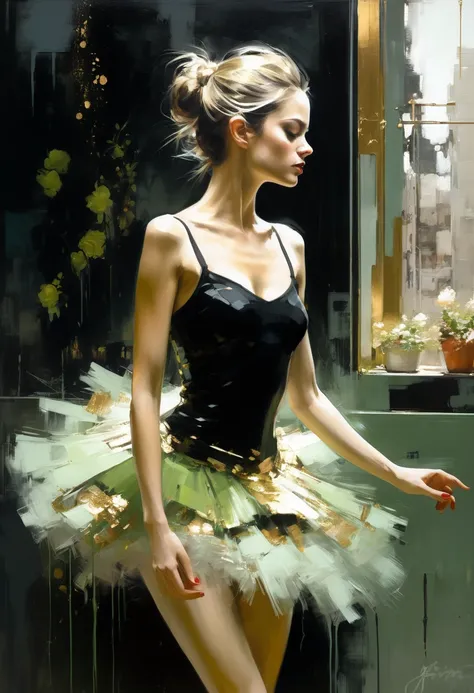 painting of a young girl, BALLERINA, BALLET STEP, DANCING,, with BLACK dress, and gold, and black background, light green and beige tones, ,WINDOWS, COTINAS,,many flowers,,,,, erect posture, sexy painting, erect body, jeremy mann style, jeremy mann art, je...