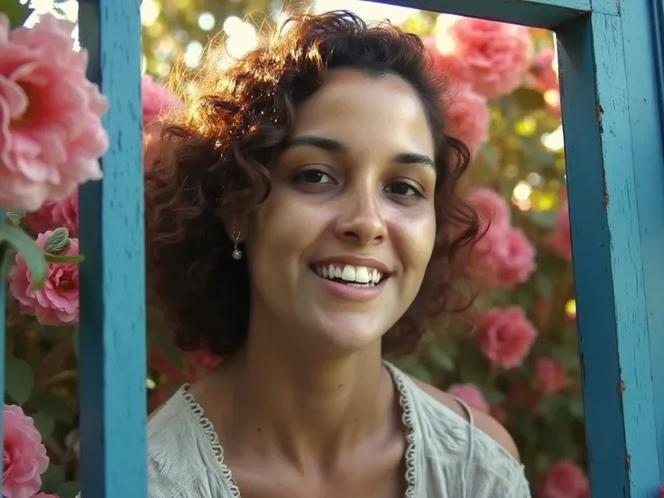  lCriando uma foto 4K de uma bela jovem com uma janela de vidro azul aberta com flores rosas nas beiradas. She's happily smelling the air  .   A high-contrast cinematic image based on the biblical era ,   radiating a sense of cinematic realism  . flower ga...