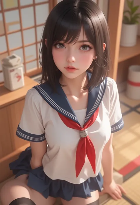 ((  TOP QUALITY )), ((  Masterpiece)), (  Details), One girl is the best ,  sexy、  sailor suit  、  Big chest with eyes of a cross  、 new year 、  black hair、 (( miniskirt))、  beautiful girl、  Red Ribbon 、  I Can See My Cleavage 、ネイビーの  sailor suit  、  black...