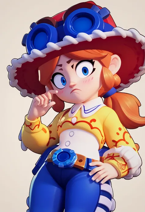 Score_9, Score_8_up, Score_7_up, jsjs , 1girl , oranje hair , ponytail ,red hat ,goggles on headwear , Blue pants, white chaps , yellow top , white sweater, two tone sweater , belt ,yellow cuff ,orenji , simple_background , confused , blush , nervous , loo...