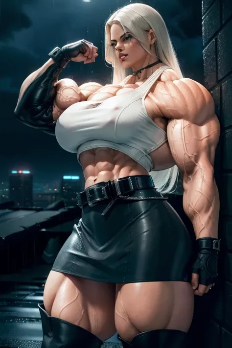 ((Close-up)), tall, (white hair) beautiful muscular woman, wet long hair, black skinned, smirking, (black lipstick), (massive muscles), (hyper muscle), ((ginormous bulky muscles)), blue eyes, (((black leather crop top))), ((((leather formal skirt with belt...