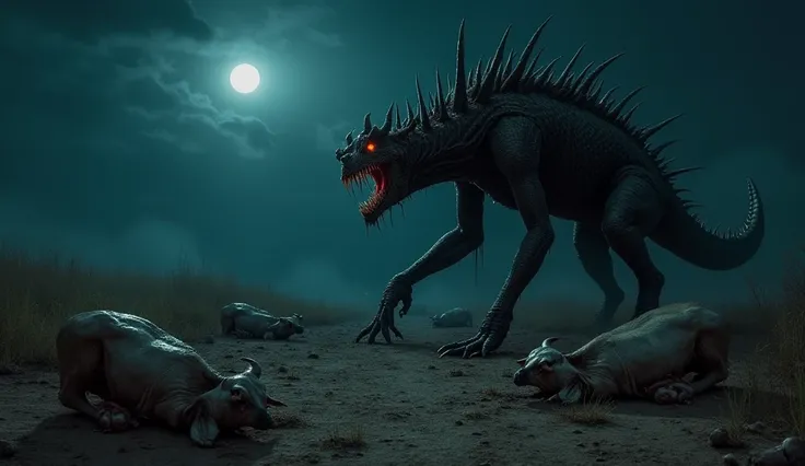 A nighttime landscape where a twisted figure with glowing red eyes lurks in the shadows. Its scaly skin, sharp fangs, and spiny back shimmer under the moonlight. Around it, the drained carcasses of livestock lie scattered across the dry ground