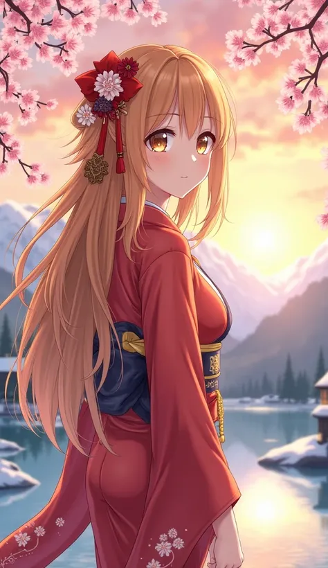 Asuna, Masterpiece , Best Quality , Detailed, (1girl), Solitary, Detailed golden eyes, long hair, Permanent, Close to the viewer , (Detailed kimono), faint smile , medium boob, ( behind hands), Eau, the sunset, (head gear), (Sakura blossoms), Snowy mo...