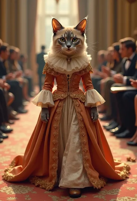 Create me a cat with anthropomorphic manners ,  dressed and paraded at Fashion Week with an English Bridgerton dress