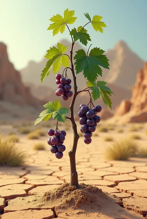 Leave the life-size sapling with grapes growing on dry land 