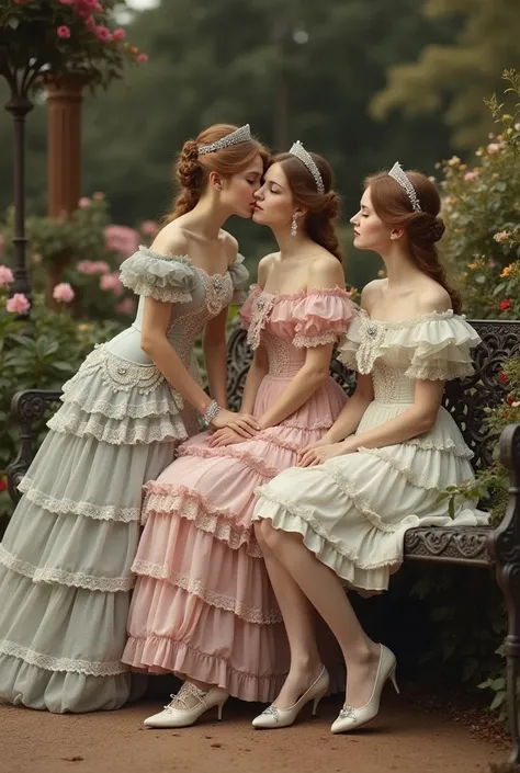 Court of Queen Victoria of the United Kingdom in the 1890s, the three (3) young noble princesses. They are in the palace gardens posing for an official princess photo. One of them is standing with her body bent over and the other two are sitting side by si...