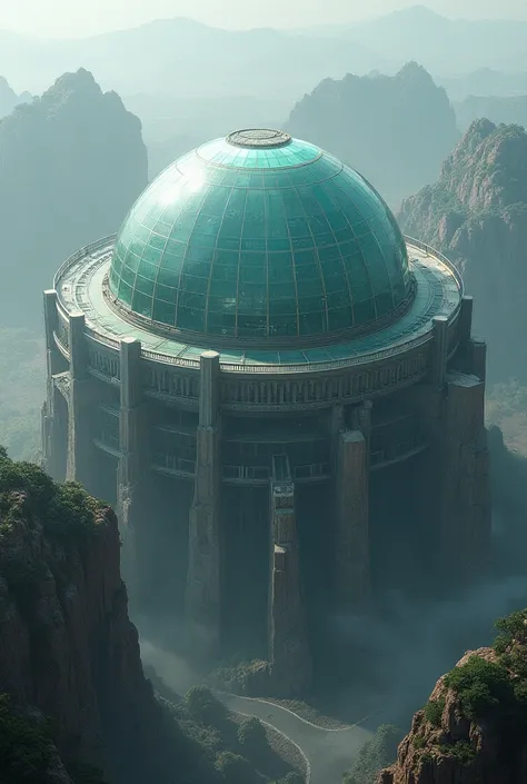 A colossal glass dome with retaining walls similar to the one in the movie 'The Hunger Games' seen from above for book cover