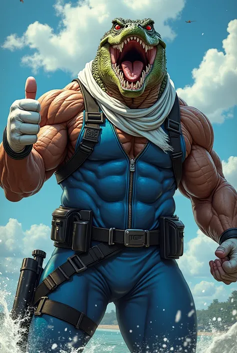 (A rugged beefy extremely muscular bulky roaring crocodile man), (wearing blue zipper wetsuit), thumbs up pose, wearing bulky harness, wearing bulky scuba gear, wearing white hero scarf, muscular physique, toned muscles, fierce, heroic, action, comic artst...