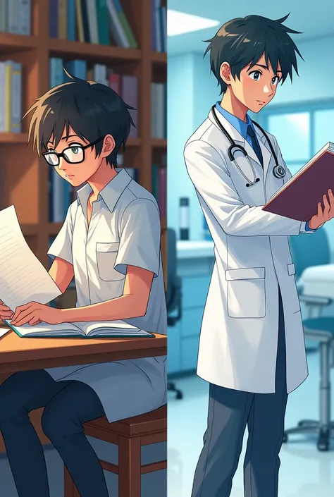 A pic in which only a little  is studying and in second pic he bacame a doctors using anime