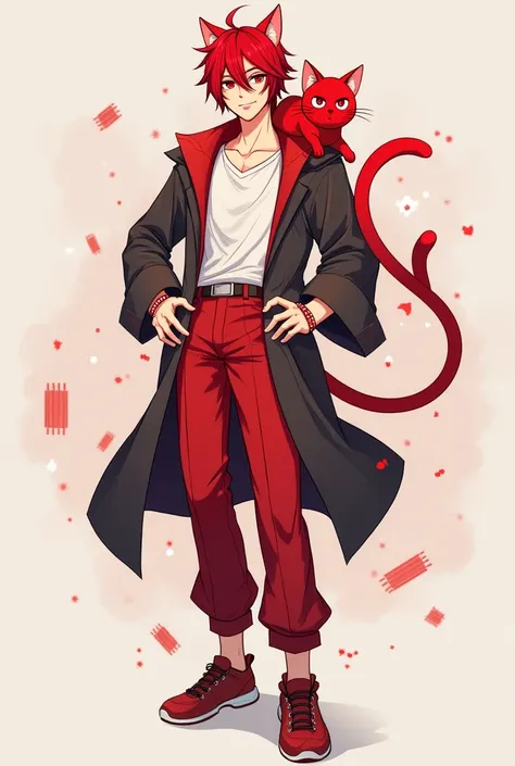 A handsome man with red eyes, with red cat ears, with a red cat tail, taking off his zig-pack show mat slowly, red pants, red shoes, with a red cat on his shoulder, is a streamer full of anime cartoon characters.