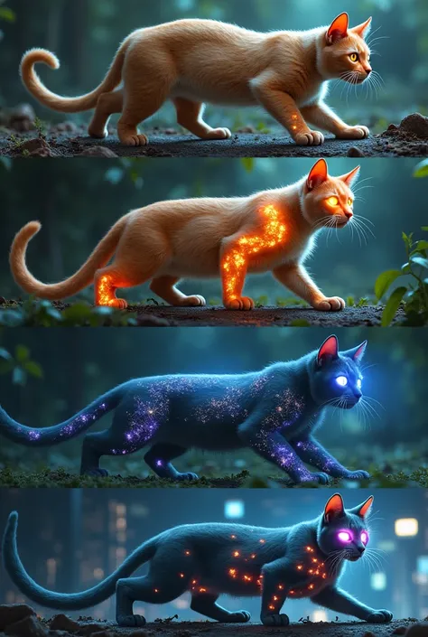 "A series of four stylized images depicting the evolution of a hybrid cat. Image 1: A domestic cat in a natural setting. Image 2: The cat developing enhanced senses, depicted with glowing eyes and ears. Image 3: The cat developing a more powerful physique,...