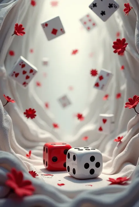 Create invitation image in shades of white,  red and gray details with white and red dice game and flying playing cards of all suits. Feast of Zé Pilintra  