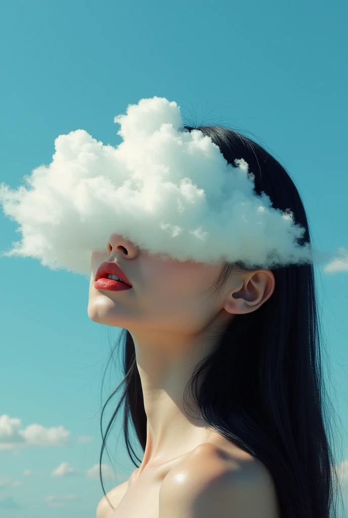 " Surrealist portrait of a skinned woman with an enigmatic expression, full lips and long hair black .  Her face is partially replaced by a bright blue sky with fluffy white clouds,  creating a dreamlike and conceptual visual effect .  The clouds seem to f...