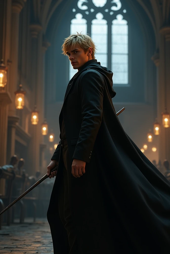 GTA game, handsome  boy wearing a black cloak, blonde hair, holding a 10 inch long magic wand in Hogwarts School.