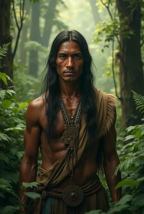 Indian in the forest from the front with a clear face 