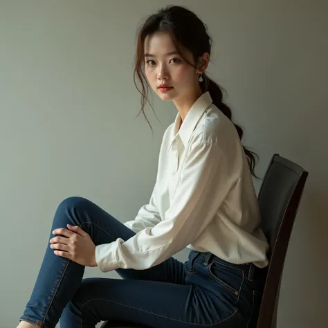  masterpiece, 8k,  photorealistic,23-year-old woman,  Japanese woman with a round face  ,  glowing skin like porcelain  ,  porcelain shiny skin , Long Hair, brown hair, low ponytail, earrings, facing the front , dark blue skinny jeans,long sleeve shirt wit...