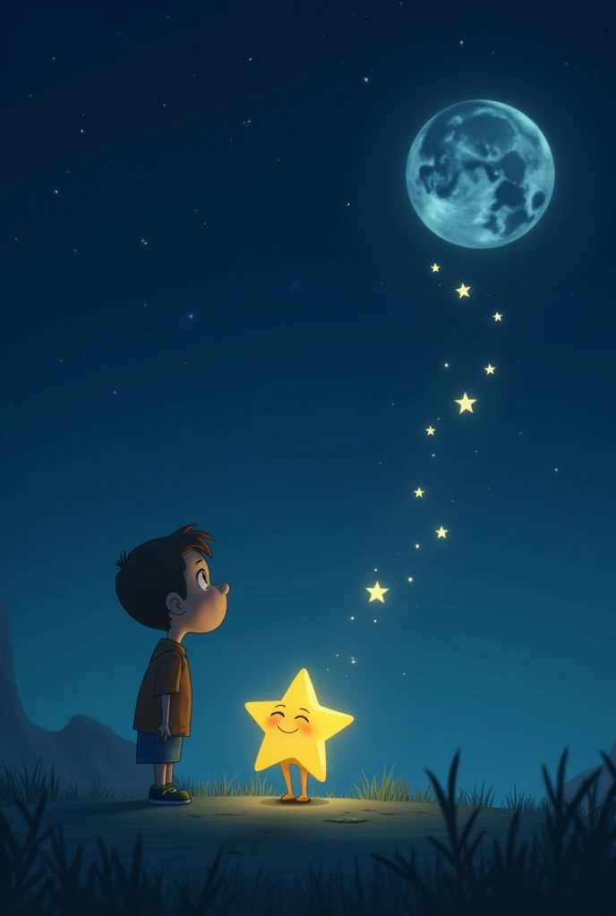 Scene 2: The Little Star’s Wish

The little star glows slightly brighter, looking up toward the moon.

It bobs up and down, expressing excitement and curiosity.

Other stars gently sway, creating a sense of movement in the sky.

The little star sends tiny ...