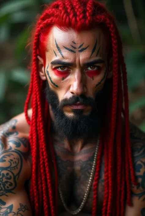 A man with red braids , red eyes and eyebrows, with tattoos 