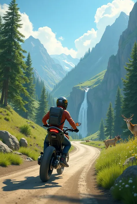 Animation of a journey by motorbike ADV 160 to a mountainous area with lots of green trees and tame animals along the way