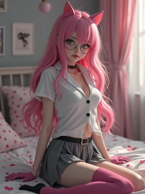 egirl_makeup, 1girl with long, wavy hair, white and oily skin, shiny body, perfect body, perfect face, 8K image quality, high definition, realistic, ultra realistic, Surrealist, (appearance of teenager), room, Women's tailored open shirt with unbuttoned bu...