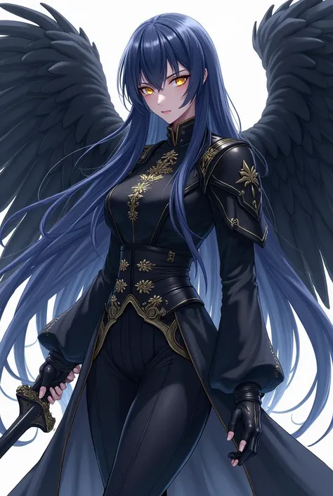 ( top quality,  best angle quality ,  official art ,  full body,  and aesthetics :1.2) Anime woman, Crow wings on the back,  golden eyes, Long dark blue hair, Armadura preta, black shirt,  black pants,  holding sword.
