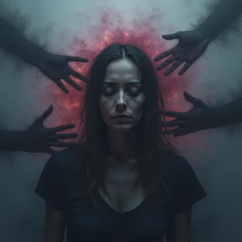 A highly detailed exhausted woman with a drained expression. Surrounded by a fragmented aura, in dark shades of gray, purple, red and blue appears unstable and heavy. Shadowy, nebulous and ethereal hands reach toward her, symbolizing negative external infl...