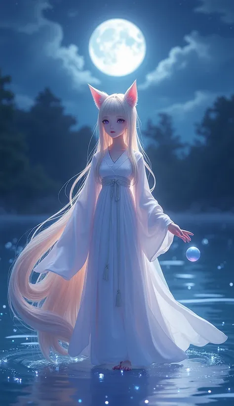  A perfect Oriental beauty stands on the water of a lake illuminated by moonlight at night, Purple eyes, Red lips , chest, Pink ball touch,  has a shining small blue ball on her hand, Gorgeous white hanbok , A fox with nine long, light pink foxtails visibl...