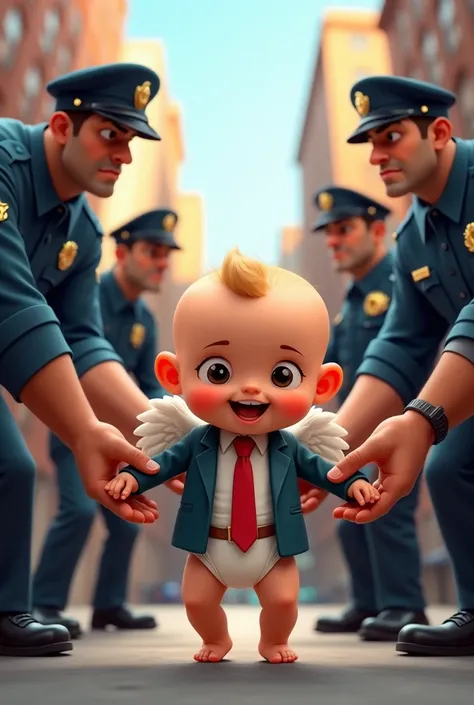 cartoon angry baby cupid wearing clothes, being arrested by police