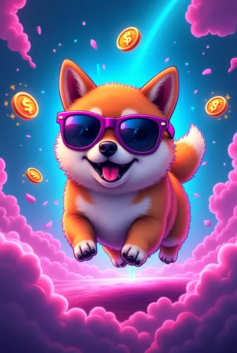 "Create a vibrant pop-art style image with neon colors (blue, pink, purple). In the center, feature a playful Shiba Inu wearing large sunglasses with a cheeky expression, depicted as if it’s 'flying' with light trails and small bursts of fireworks around i...