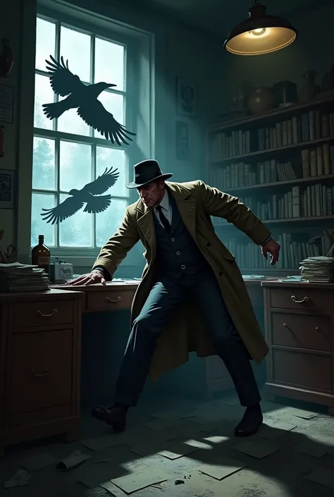 A detective from the 1940s kicking on a desk,  surrounded by crows 