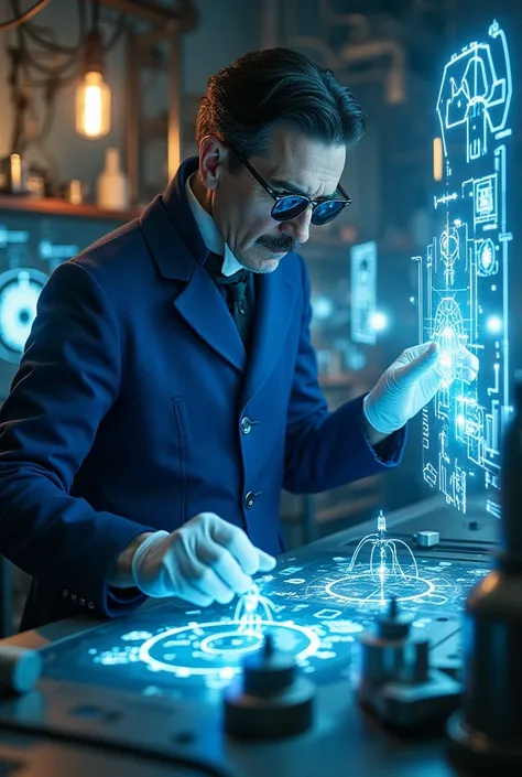 play Nicolas Tesla in a blue coat and sunglasses working on an experiment with several holograms