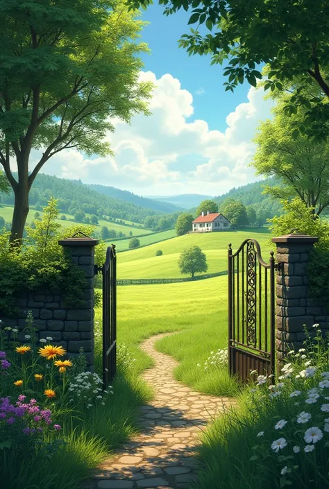 Garden gate and beautiful fields trees House 