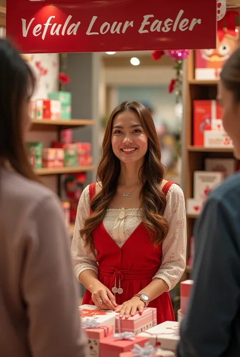 Here is the description in English:

"A beautifully organized gift shop named Rafylo Gift Gallery, decorated for Valentine's Day. The shop is lively with customers, and the cheerful, elegant young woman is the shop manager. The atmosphere is festive, with ...