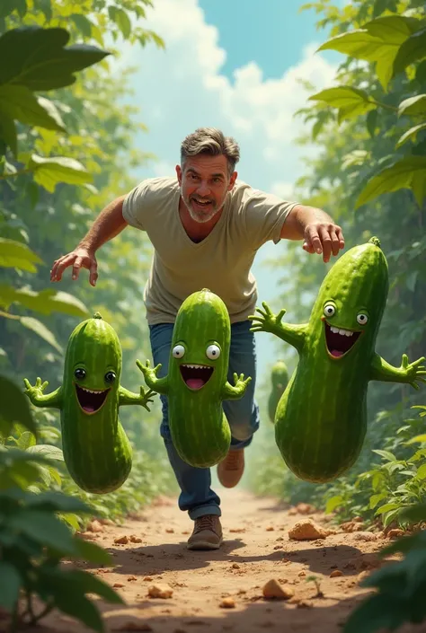 Create an image of a man chasing several cucumbers 