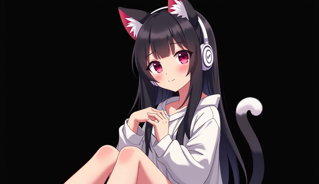 NEKO(girl-cat), anime style. dark hair with a slight gradient to lighter tones towards the tips, and her eyes are a vibrant shade of red with a hint of purple. She is wearing a loose, white, oversized shirt with a wide collar, which covers her SHOULDERS an...