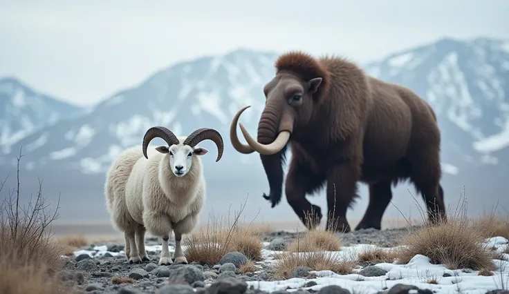  in the foreground,  a majestic snow sheep with thick white fur and curved horns is found on cold terrain but not completely covered with snow.  behind her, an imposing woolly mammoth walks through today's Siberian tundra ,  with its thick brown fur and cu...