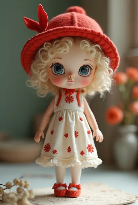 A doll with a red doll hat,light curly hair,tender cheeks, pink mouth.On your feet pretty white stockings and tiny white shoes . and blue eyes