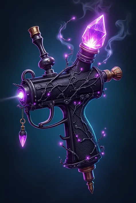 Create a semi-realistic, cartoon style, character design, super detailed, fantasy-inspired with high attention to detail of A mystical tattoo machine infused with dark magic, its sleek black metal body adorned with glowing arcane runes in shades of purple ...