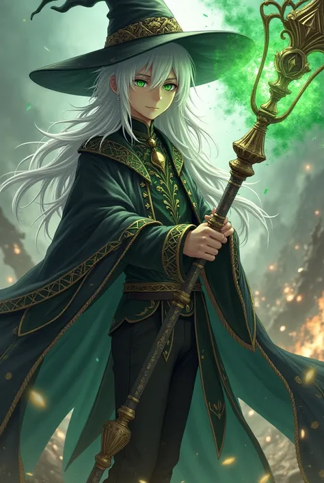 ( top quality,  borrowed letter ,  official art , beautiful and aesthetic:1.2)  men's anime earings, rebel wizard boy ,  serious and closed personality,  long white hair ,  green eyes,  voluminous white coat ,  wearing a black and gold cape ,  black and go...