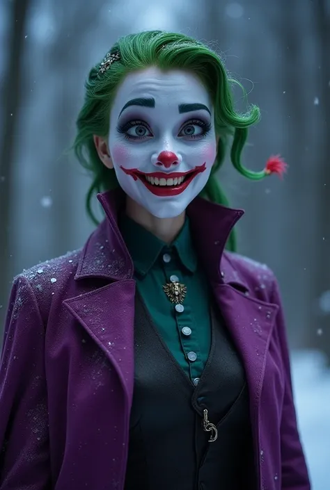 Elza (Frozen) and Joker (Batman) hybrid character. The new character should be beautiful but have the dangerpus aura of joker. Pull put the camera that the new character is more visible almost full-body. Add the specific Joker wide smile.