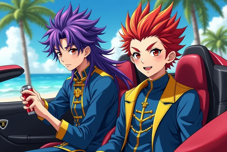 2 wild and threatening aggressive 17-year-old male OCs are in a Lamborghini Veneno in Miami 
Boy 1 purple and blue hair long form dragons scarlet eyes styled artificial.Blue and yellow uniform with lion emblem by Shako Gakuen .
regard de predateurs.1m79 wi...