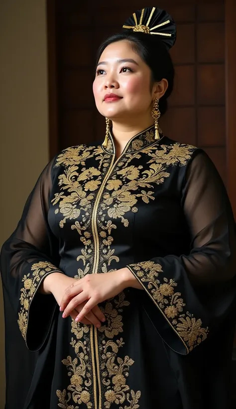 A chubby Korean woman is wearing a black traditional dress with intricate gold embroidery. The dress features floral patterns and a high collar with additional gold detailing. The individual is also wearing long earrings that complement the outfit. The ove...